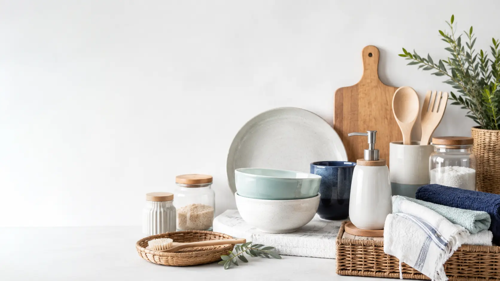 Itens para casa, cozinha, mesa e banho em um ambiente claro e acolhedor